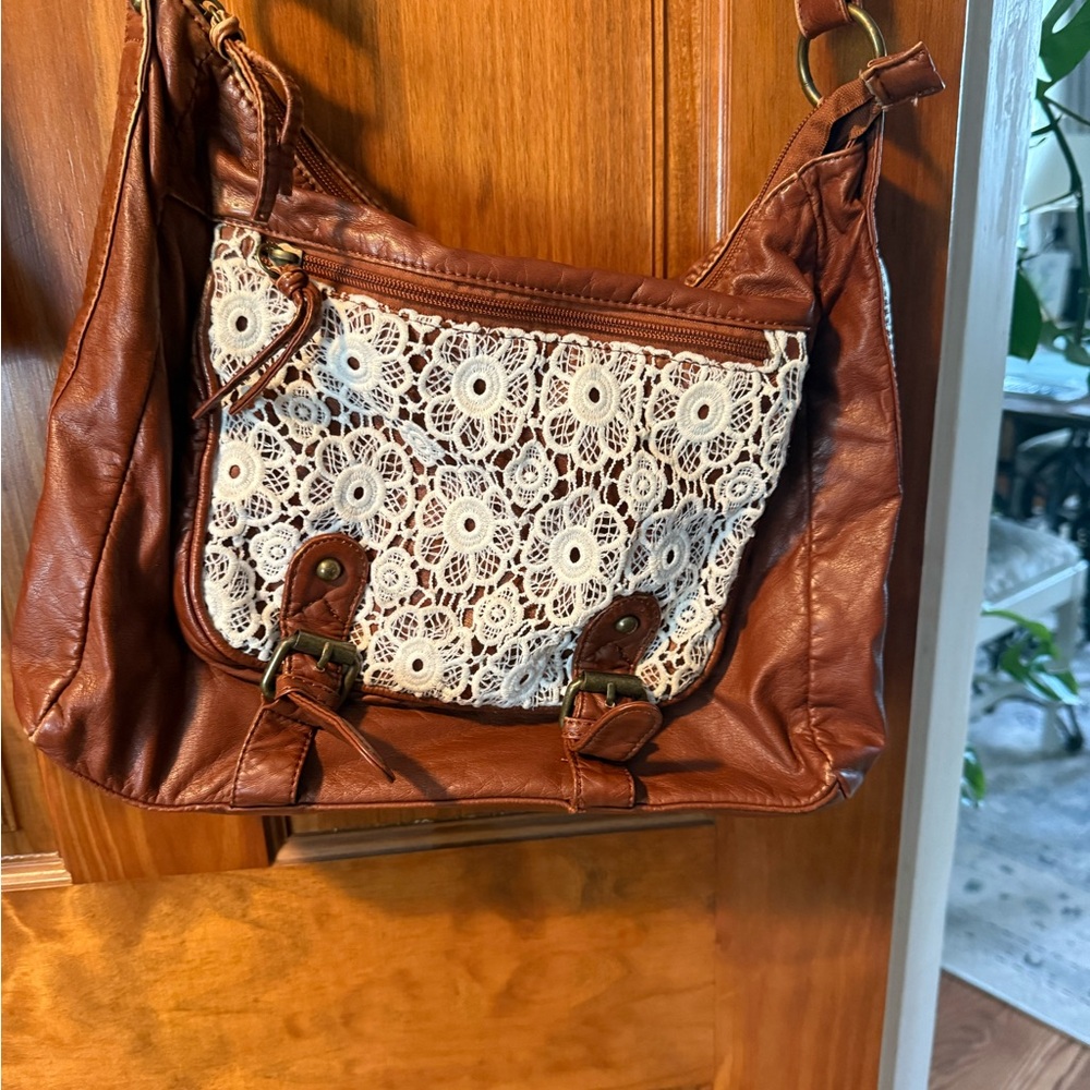 Brown faux Leather Bag with Lace Overlay